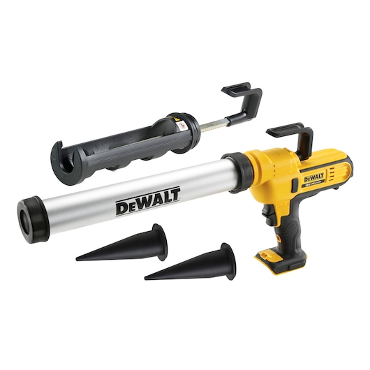 DEWALT cordless caulking gun with tube and two nozzles shown on a white background.