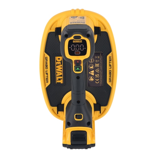 DEWALT Grabo Lifter, photography category, SKUs DCE590D1T-QW, DCE590D1T, yellow/black, top view.