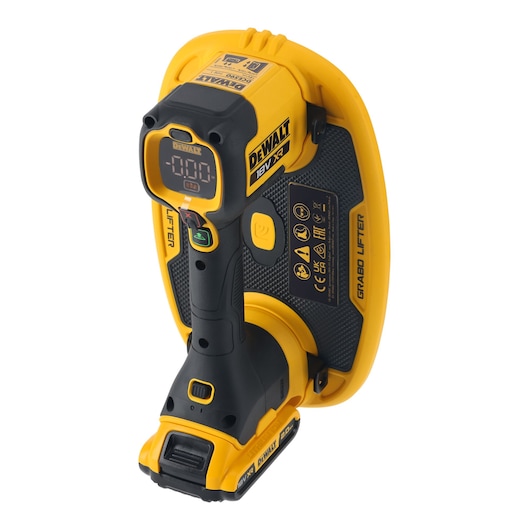 DEWALT Grabo Lifter, photography, DCE590D1T-QW, DCE590D1T. Yellow handheld tool with digital display.