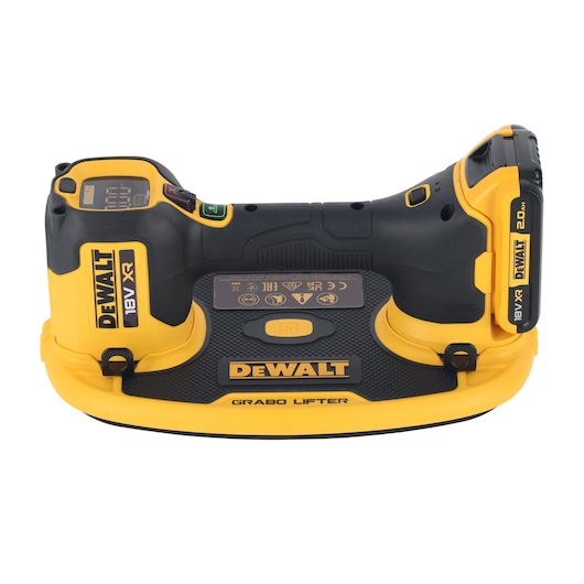 DEWALT Grabo Lifter, Photography, SKUs DCE590D1T-QW, DCE590D1T, yellow-black tool for lifting surfaces.
