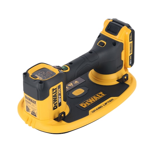DEWALT Grabo Lifter, Photography, DCE590D1T-QW, DCE590D1T. Black and yellow cordless tool with display.