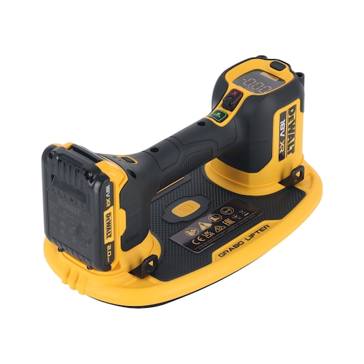 DEWALT grab lifter in yellow-black, SKUs DCE590D1T-QW, DCE590D1T. Photography product category.