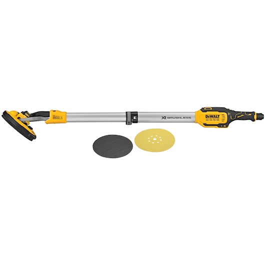 DEWALT drywall sander DCE800N with two sanding pads shown on a white background.