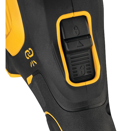 Close-up of DEWALT DCE800N tool handle with a lock switch and yellow trim.