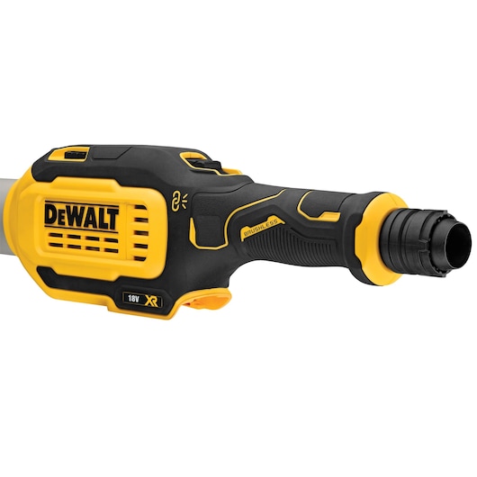 DEWALT 18V XR brushless drywall sander handle in yellow and black, shown from the side.