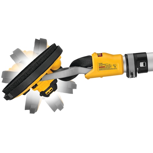 DEWALT DCE800N drywall sander with adjustable head shown in multiple positions on a white background.