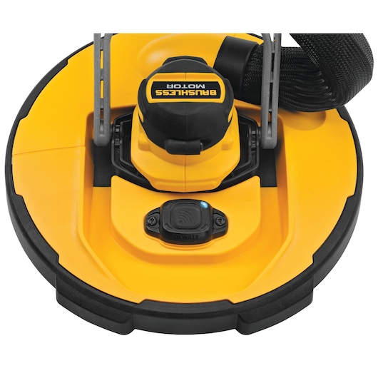 Close-up of the DEWALT DCE800N brushless motor drywall sander in yellow and black.