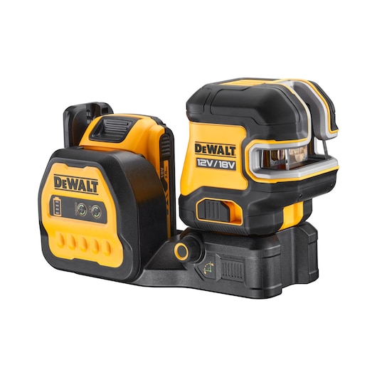 DEWALT 12V/18V laser level tool with charger. Black and yellow compact design for precision alignment.
