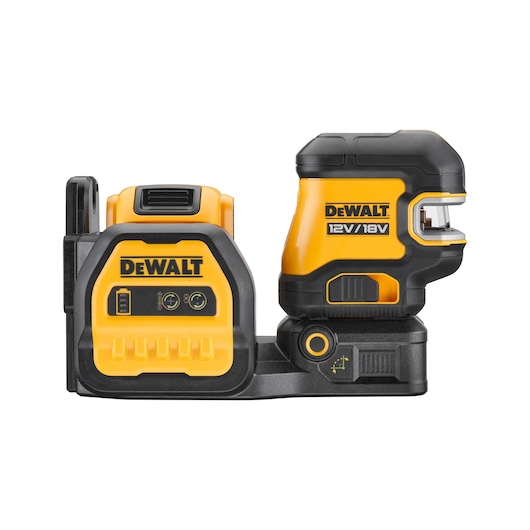 DEWALT 12V/18V yellow and black laser level tool with battery and charger on a white background.