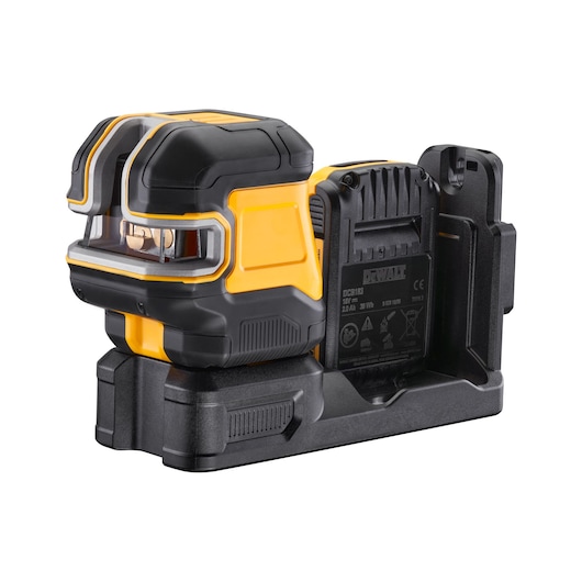 DEWALT laser level tool with yellow and black casing, shown on a black base, used for precise measurements.