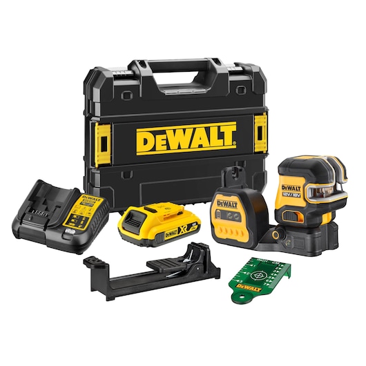 DEWALT laser level kit with hard case, charger, battery, mounts, and accessories displayed on white background.