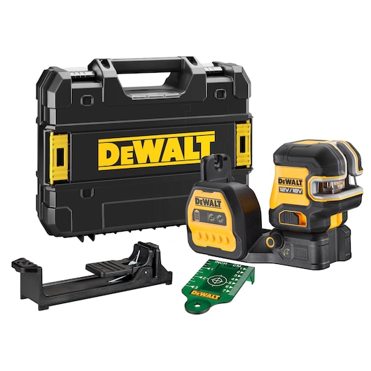 DEWALT laser level kit with black carrying case, laser tool, target plate, and mounting bracket shown.