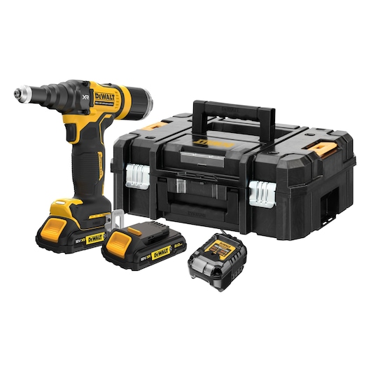 DEWALT cordless tool kit with screw gun, two batteries, charger, and sturdy black carrying case.