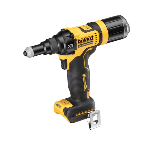 DEWALT cordless brushless screwdriver with ergonomic grip and metal clip, shown without battery.
