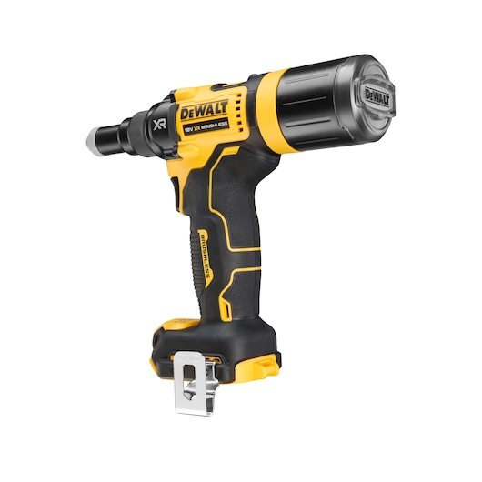 DEWALT 18V XR brushless cordless tool with black and yellow design, shown from the side.