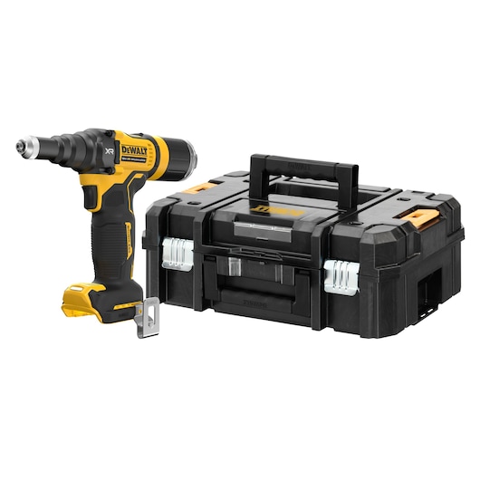 DEWALT cordless drill with black and yellow body, shown next to a sturdy black tool case with handle.