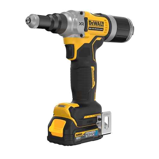 DEWALT cordless yellow-black screw gun with 18V battery and PowerStack base, shown close up.