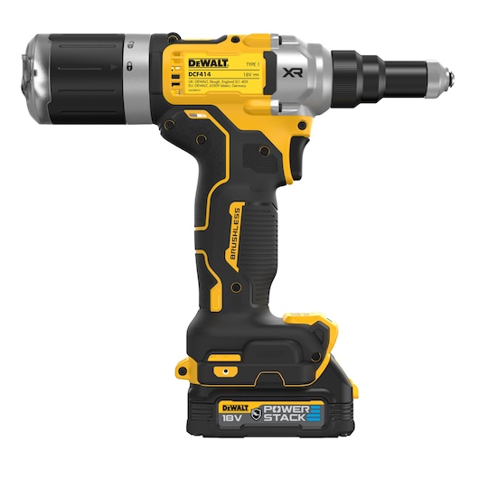 DEWALT DCF414E2GT 18V cordless tool with PowerStack battery, yellow and black, side view.