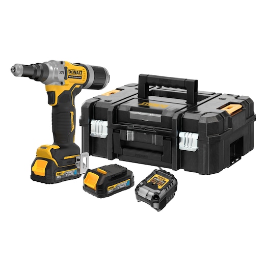 DEWALT cordless tool kit with a case, two batteries, charger, and power tool in black and yellow.