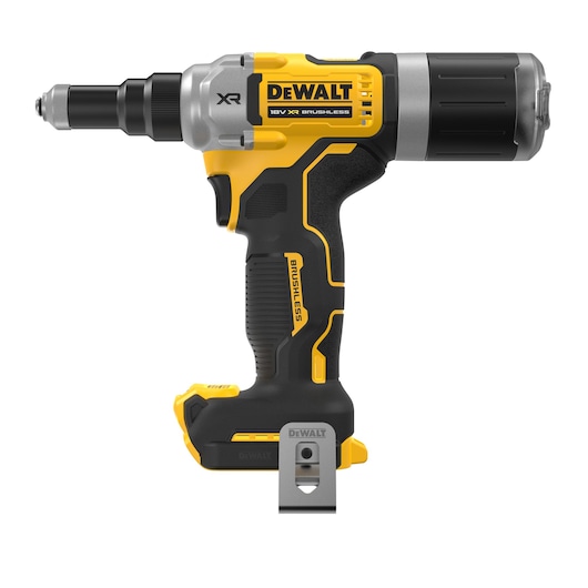 DEWALT DCF414NT 18V XR brushless screwdriver with yellow and black design, side belt clip visible.