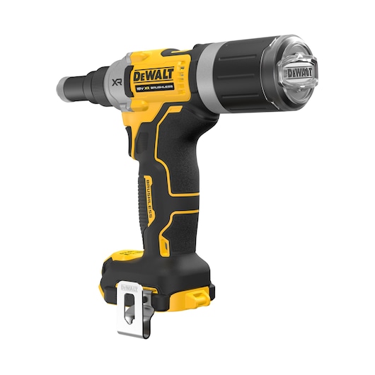 DEWALT 18V cordless brushless rivet tool with ergonomic handle and belt clip, shown against a white background.