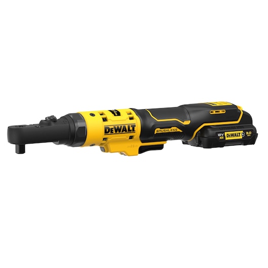 DEWALT cordless ratchet tool, yellow and black, brushless motor, 12V XR, 3.0Ah battery.