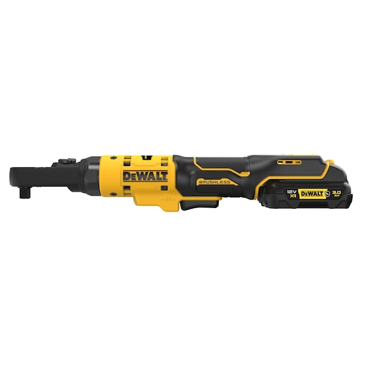 DEWALT cordless ratchet tool, brushless, yellow and black design, 12V XR 3.0Ah battery visible on handle.