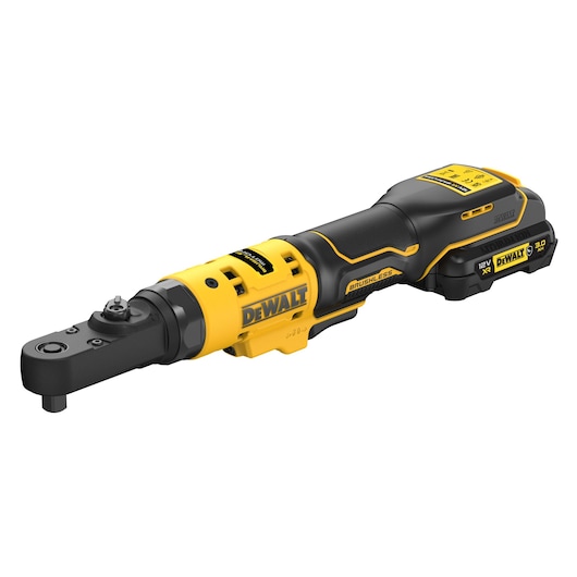 DEWALT cordless ratchet tool with brushless motor and 12V battery, shown in yellow and black.