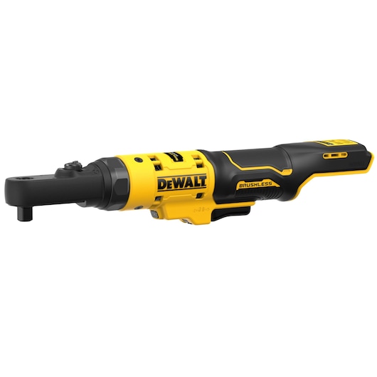 DEWALT brushless ratchet tool DCF500N in yellow and black, shown on a white background.