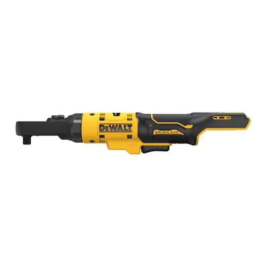 DEWALT DCF500N cordless brushless ratchet tool in yellow and black, shown from left side.