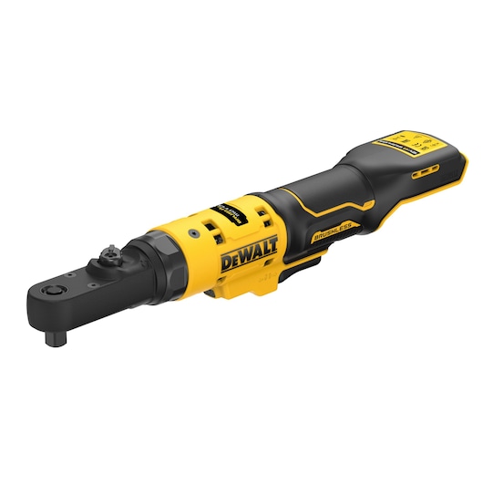 DEWALT brushless cordless ratchet tool, black and yellow, compact design for mechanical tasks.