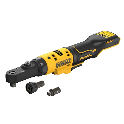 DEWALT cordless ratchet DCF500N with brushless motor and two socket adapters on a white background.