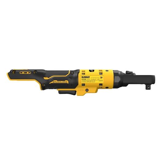 DEWALT DCF500N cordless brushless ratchet tool in yellow and black, shown from the side on a white background.