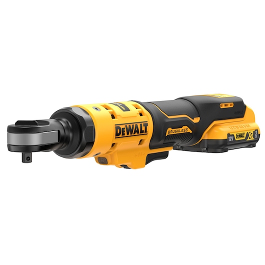 A DEWALT 12V XR cordless brushless ratchet wrench with a black and yellow body and a visible lithium-ion battery pack attached.