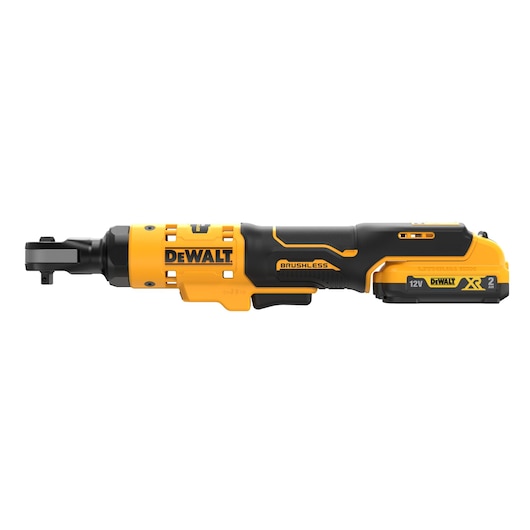 A DEWALT 12V cordless brushless ratchet tool with a black and yellow design, model DCF503D1, shown in a side view.
