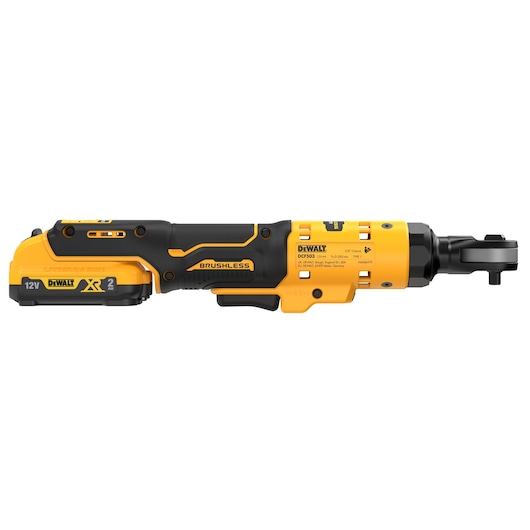 A DEWALT 12V XR brushless cordless ratchet tool, model DCF503D1, shown in profile. The tool features a yellow and black design, ergonomic grip, and visible battery attached at the base.