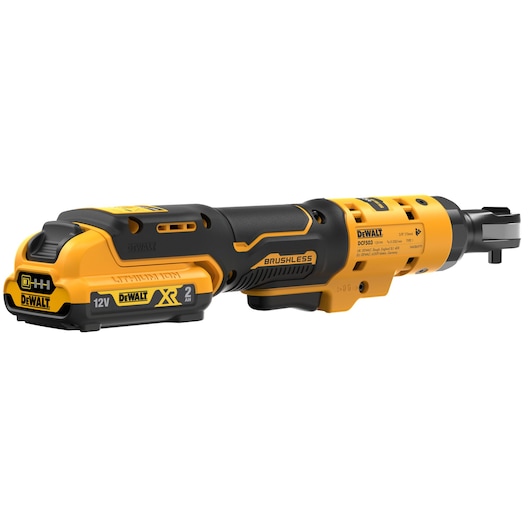 DEWALT DCF503D1 cordless brushless ratchet wrench with a 12V lithium-ion battery, shown in yellow and black color scheme.