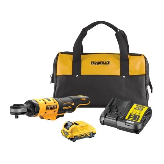 DEWALT cordless ratchet kit including a yellow and black power ratchet tool, battery, charger, and a matching carry bag.
