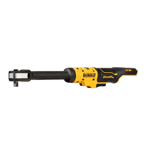 DEWALT cordless brushless ratchet tool, yellow and black, with extended head, for mechanical work.
