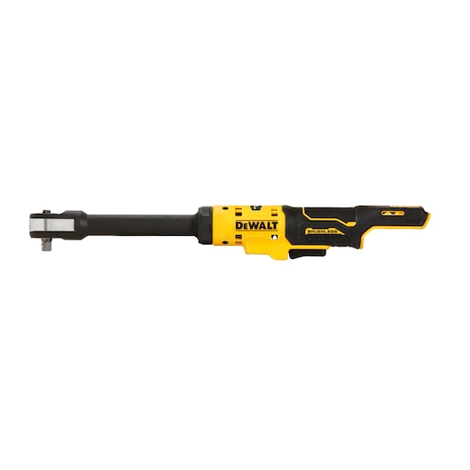 DEWALT brushless cordless ratchet tool with long handle, yellow and black color, on white background.