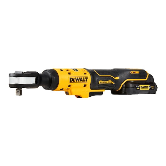 A DEWALT cordless ratchet tool with a yellow and black design, featuring a brushless motor and 12V XR battery.