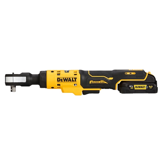 A DEWALT DCF503L1G 12V XR Brushless cordless ratchet tool with a yellow and black design, shown in a side view against a white background.