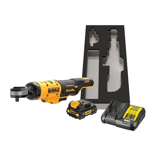 DEWALT cordless ratchet kit including a yellow and black brushless ratchet tool, a battery, a charger, and a custom foam tray for storage.