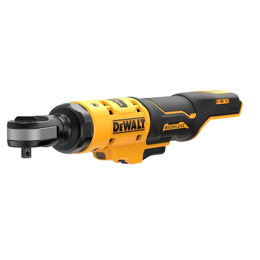 DEWALT cordless ratchet tool, brushless, yellow and black, shown on white background.