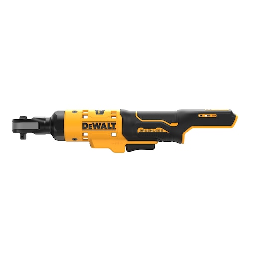 DEWALT cordless brushless ratchet tool with ergonomic black and yellow design, shown on white background.