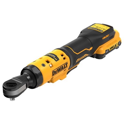 A DEWALT cordless ratchet wrench, model DCF504D1, featuring a black and yellow ergonomic design with a visible battery pack labeled 12V XR. The tool is intended for tightening and loosening fasteners in mechanical and automotive applications.