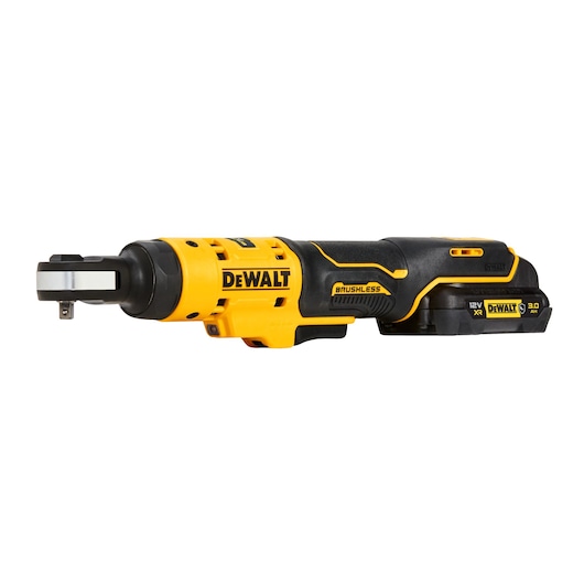 DEWALT cordless brushless ratchet wrench, 12V XR model with a 3.0Ah battery, featuring a yellow and black design.