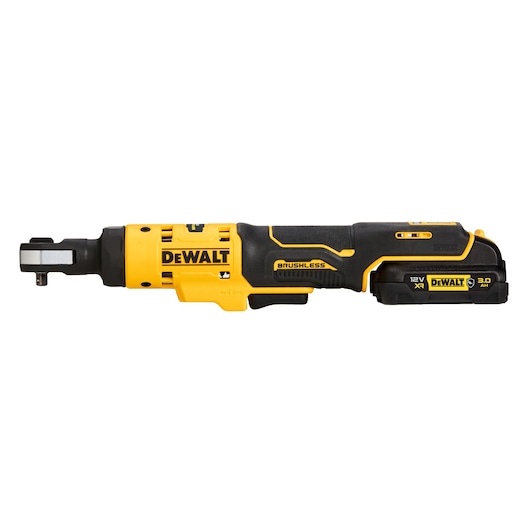 A DEWALT cordless ratchet tool, model DCF504L1G, in black and yellow colors with a brushless motor and a 12V XR lithium-ion battery.