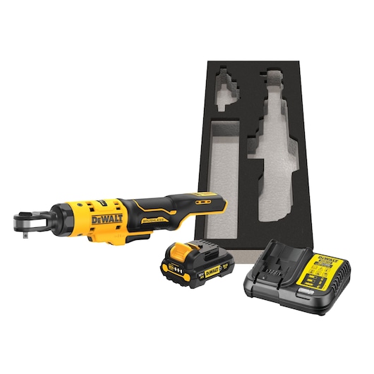 DEWALT cordless ratchet tool kit including a yellow and black ratchet tool, a battery, a battery charger, and a custom foam insert for storage.