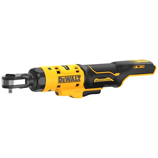 A yellow and black DEWALT cordless brushless ratchet tool with an ergonomic handle and a compact design.